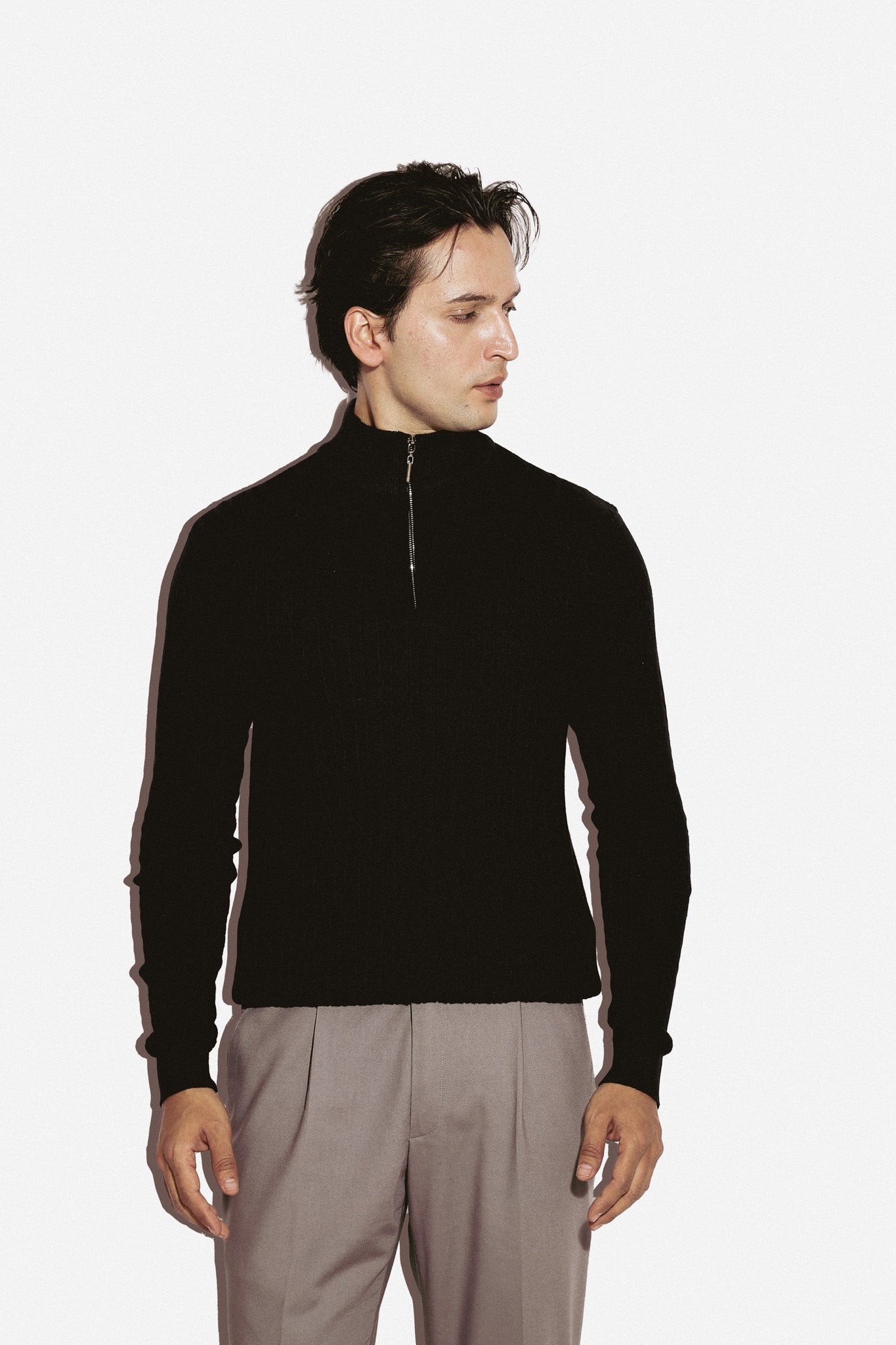 Black high neck cable knit zipper