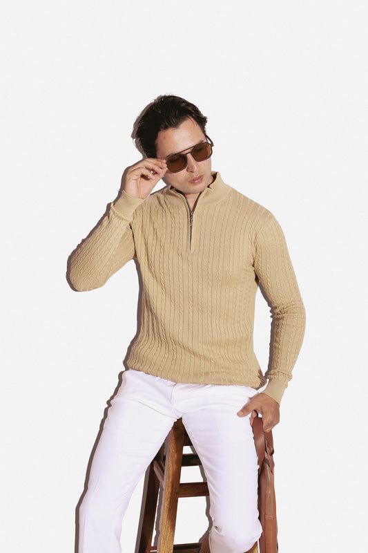 Sand Cable Knit Zipper