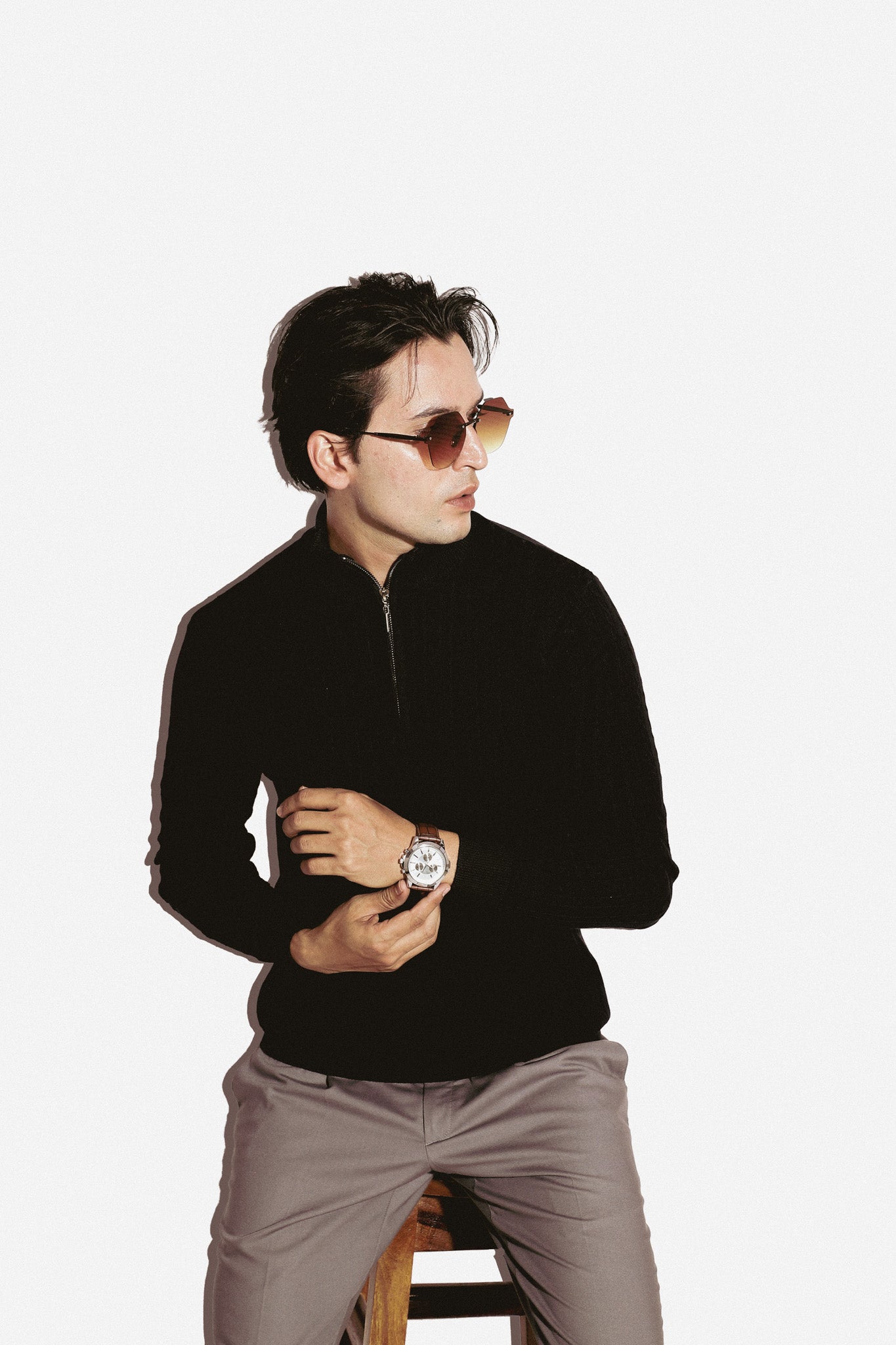 Black high neck cable knit zipper