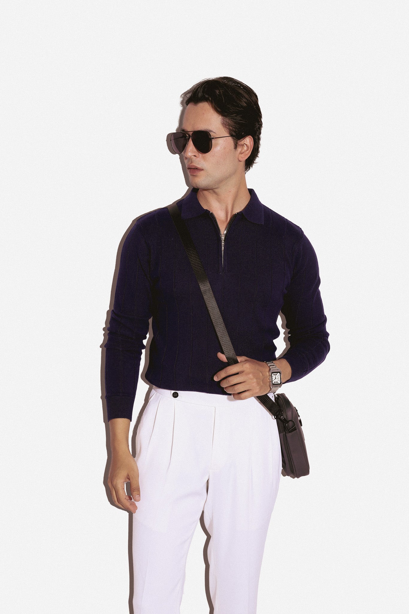 The Riviera Ribbed Stripe T-Shirt in Navy Blue