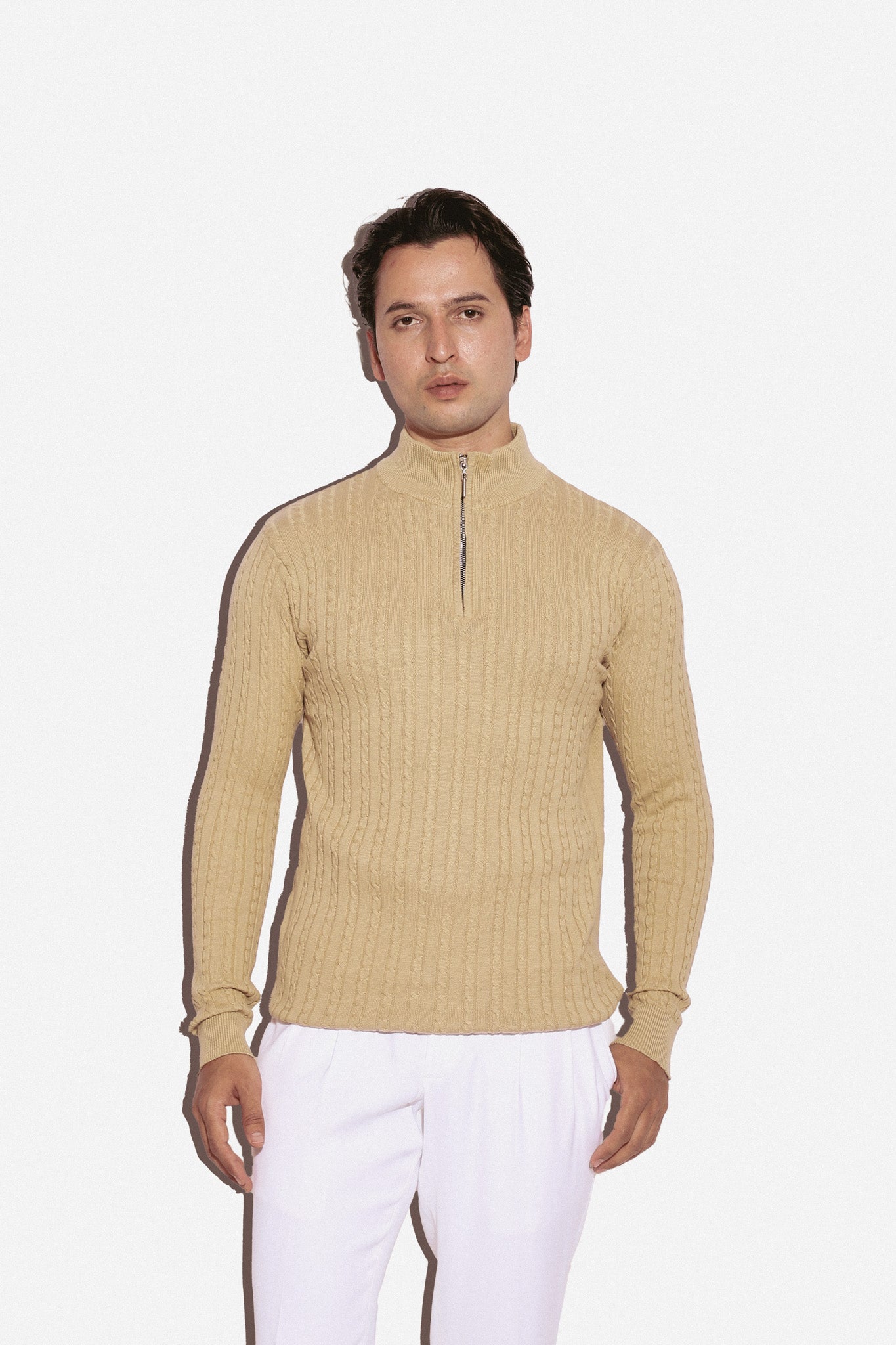 Sand Cable Knit Zipper