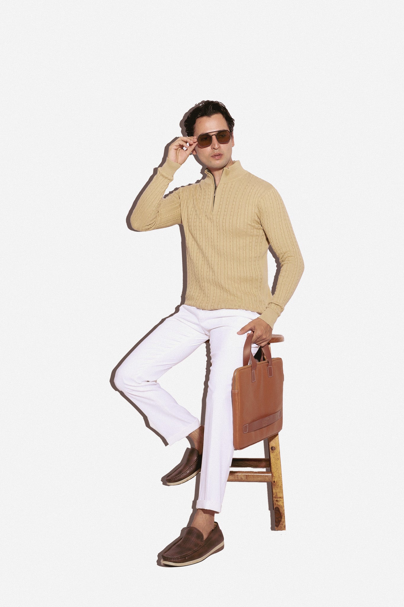 Sand Cable Knit Zipper